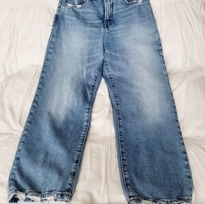 Good American Good Boy Crop Jeans In Indigo 352 Wash With Distressed Bottoms